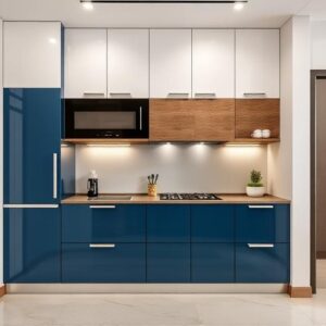 Given that context, the top-selling modular kitchen style in Chennai often leans towards a blend of modern aesthetics with practical, durable materials suitable for the local climate. Here's a breakdown of what makes a style "top-selling" in Chennai: Contemporary & Sleek Designs: Chennai residents generally prefer clean lines, handle-less or minimal handle designs, and a decluttered look. This fits well with the fast-paced urban lifestyle. Vibrant Color Combinations (but not overwhelming): While neutral tones (white, grey, beige) are always popular for upper cabinets to make the space feel larger, there's a strong preference for adding a pop of color, especially on the lower cabinets. Blues (like the one in the image!) are very popular, from deep navy to aqua, possibly reflecting a connection to the coast. Greens (especially olive or teal) are also gaining traction, bringing a touch of nature indoors. Wood finishes (laminate or veneer) combined with a solid color are timeless and widely chosen. High-Gloss or Matte Finishes (Laminate/Acrylic): High-gloss laminates or acrylic are a big hit because they make smaller kitchens feel more spacious and are easy to clean. They add a touch of luxury without the full cost of PU paint. Matte finishes are also popular for a more sophisticated, understated look. Durability & Water Resistance (Crucial for Chennai): This isn't strictly a "style," but it heavily influences material choices, which in turn define the practical aspects of the kitchen's look and longevity. BWR (Boiling Water Resistant) Plywood or Marine Plywood for the carcass is almost a standard expectation due to humidity and potential moisture exposure. Robust laminates that can withstand heat and spills are preferred over delicate finishes. Smart Storage & Functionality: With many apartments having compact kitchens, intelligent storage solutions are highly sought after. This includes: Tall pantry units Corner solutions (magic corners, S-carousel) Drawer systems with organizers Integrated appliance spaces Granite Countertops (Practical & Cost-Effective): While quartz is becoming popular in higher-end segments, black granite remains a top seller due to its durability, heat resistance, ease of maintenance, and cost-effectiveness. Lighter granites are also chosen to brighten up the space. In essence, a top-selling modular kitchen style in Chennai would be modern, practical, durable, and often features a tasteful use of color, all while maximizing space and functionality.