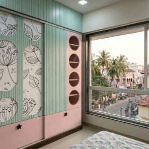 Modern wardrobe design for bedroom with floral sliding wardrobe design